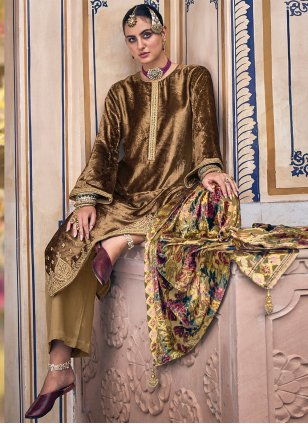 Gold Velvet Embroidered Palazzo Salwar Suit