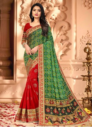 Green and Red Silk Patch Border Half N Half Designer Saree