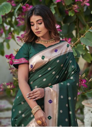 Green Banarasi Silk Woven Classic Sari