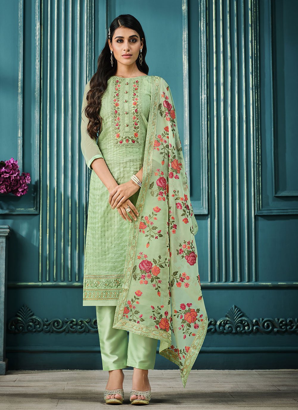 Buy Amazing Green Color Full Stitched Designer Organza Real Mirror  Embroidered Work Pent Salwar Suit For Wedding Wear | Lehenga-Saree