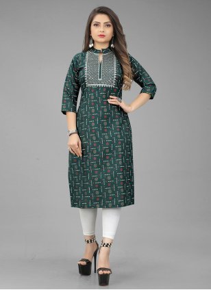 Green Cotton  Embroidered Casual Kurti