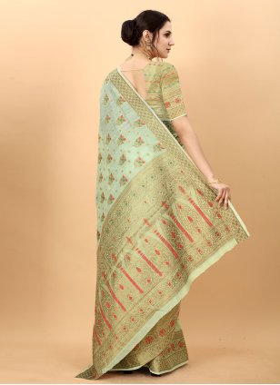 Green Cotton  Weaving Contemporary Saree