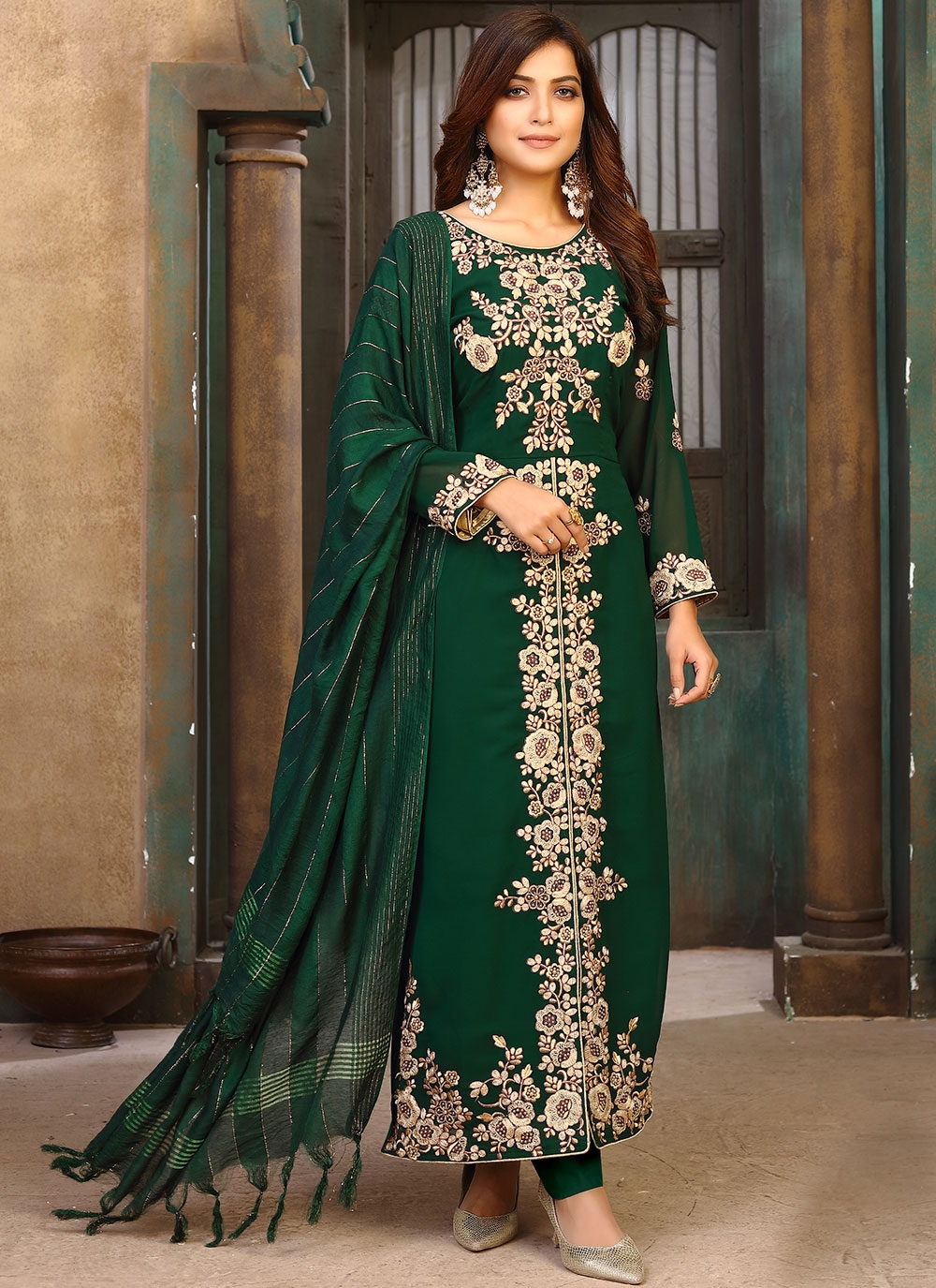 dark green suit with yellow dupatta