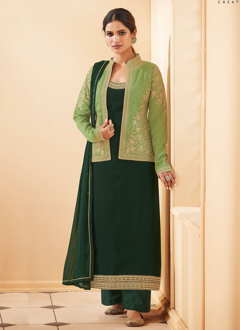 pastel green net embroidered floor length jacket style anarkali suit 6102b