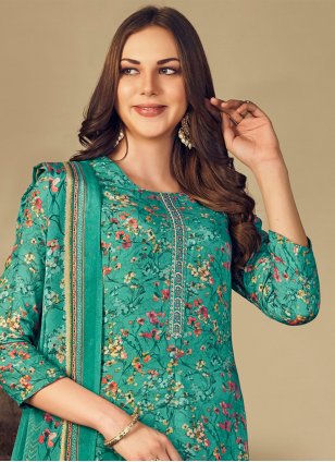 Green Muslin Embroidered Trendy Salwar Suits
