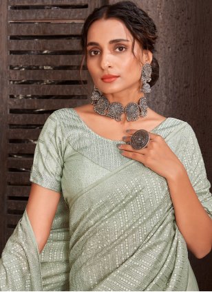 Green Organza Embroidered Designer Sari