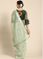 Green Poly Cotton Embroidered Contemporary Sari