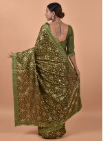 Green Poly Silk Foil Print Casual Saree