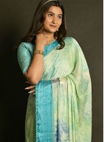 Green Satin Printed Trendy Party Wear Sari