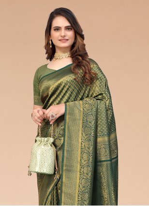 Green Silk Blend Woven Classic Saree