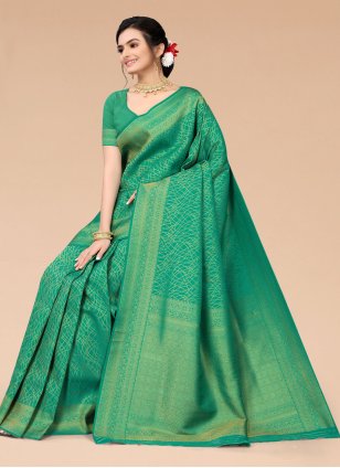 Green Silk Blend Woven Classic Sari