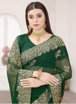 Green Silk Embroidered Contemporary Sari