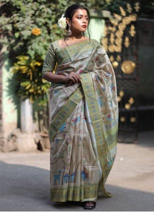 Green Silk Printed Classic Sari