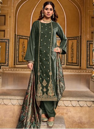Green Velvet Embroidered Pant Style Suit