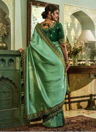 Green Vichitra Silk Embroidered Trendy Sari
