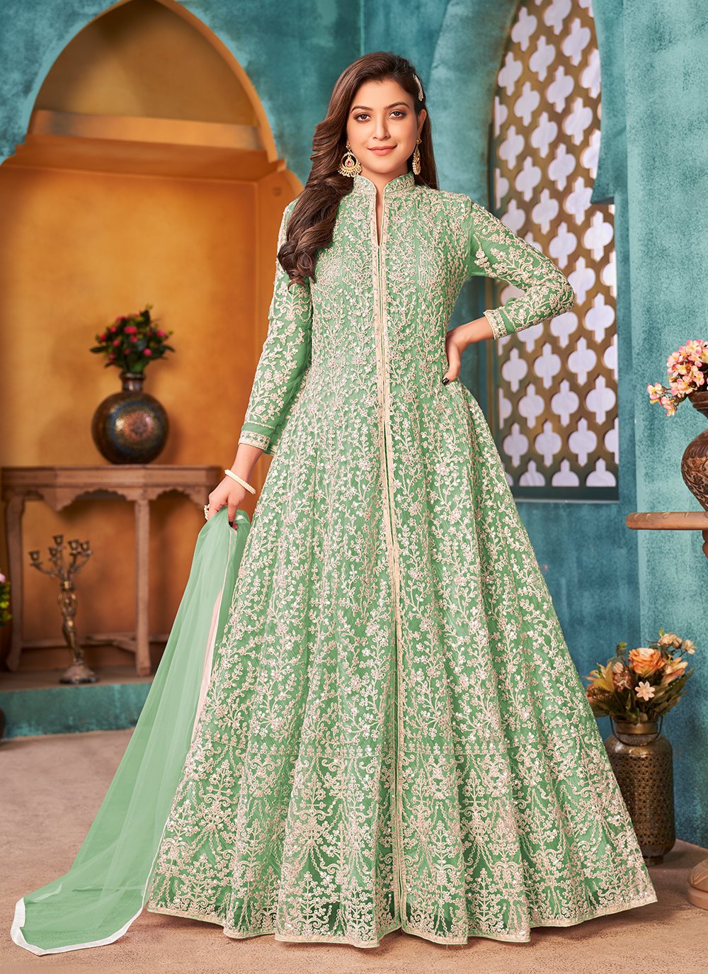 RF - Aqua Blue color Georgette Gown Dress. - Latest Salwar Suits - New In -  Indian