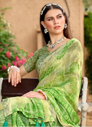 Green Weight Less Flower Print Contemporary Sari