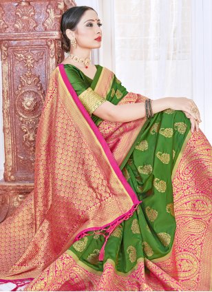 Green Woven Art Banarasi Silk Traditional Designer Saree