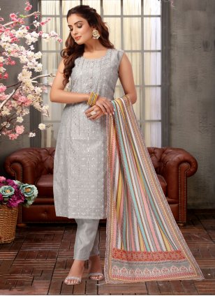 Grey and Multi Colour Straight Salwar Suit in Georgette with Embroidered work