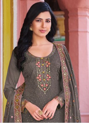 Grey Chinon Embroidered Straight Salwar Suit