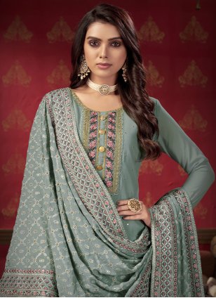 Grey Faux Georgette Embroidered Designer Pakistani Salwar Suit