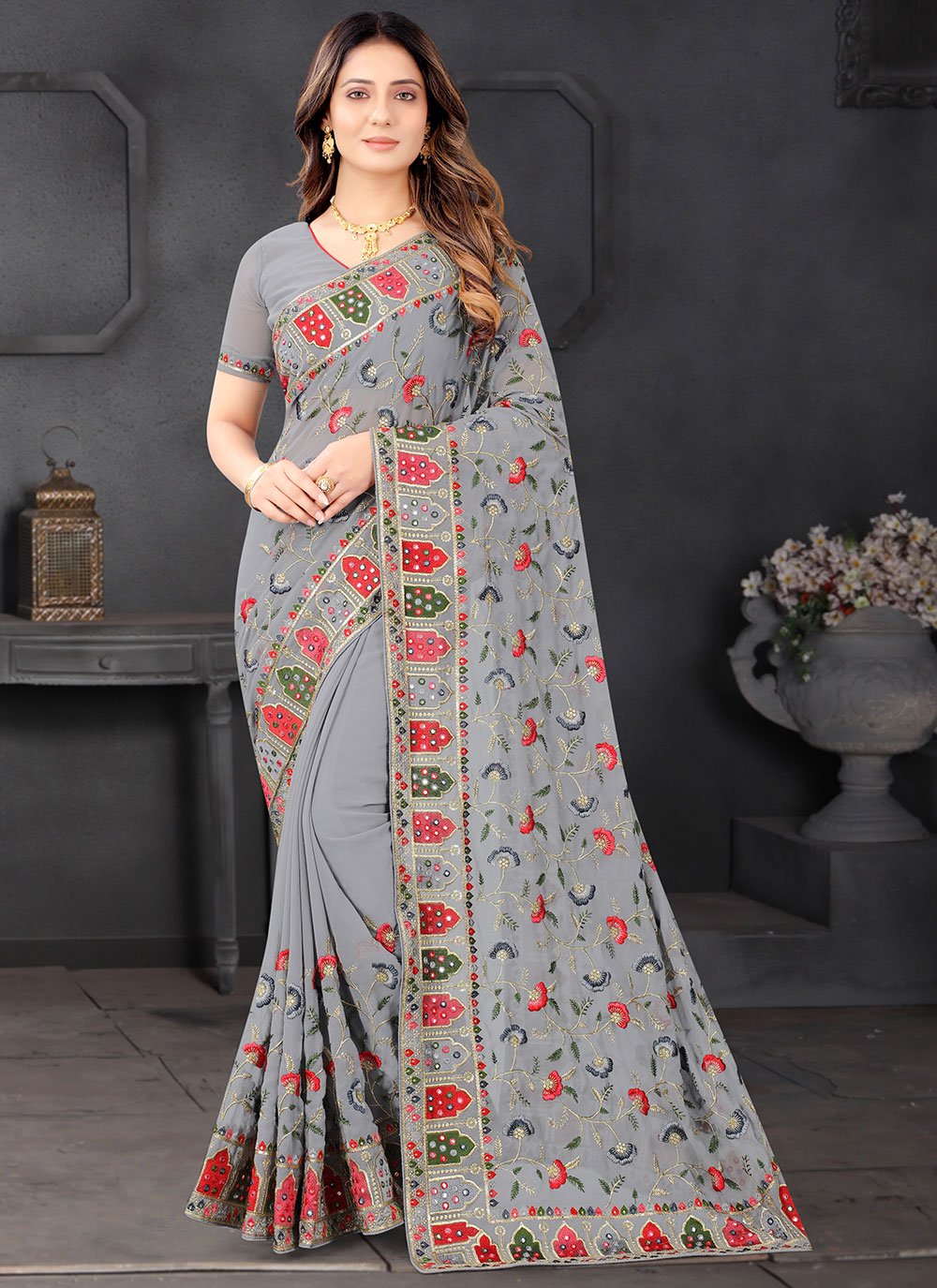 Grey Color Designer Saree With Readymade Blouse
