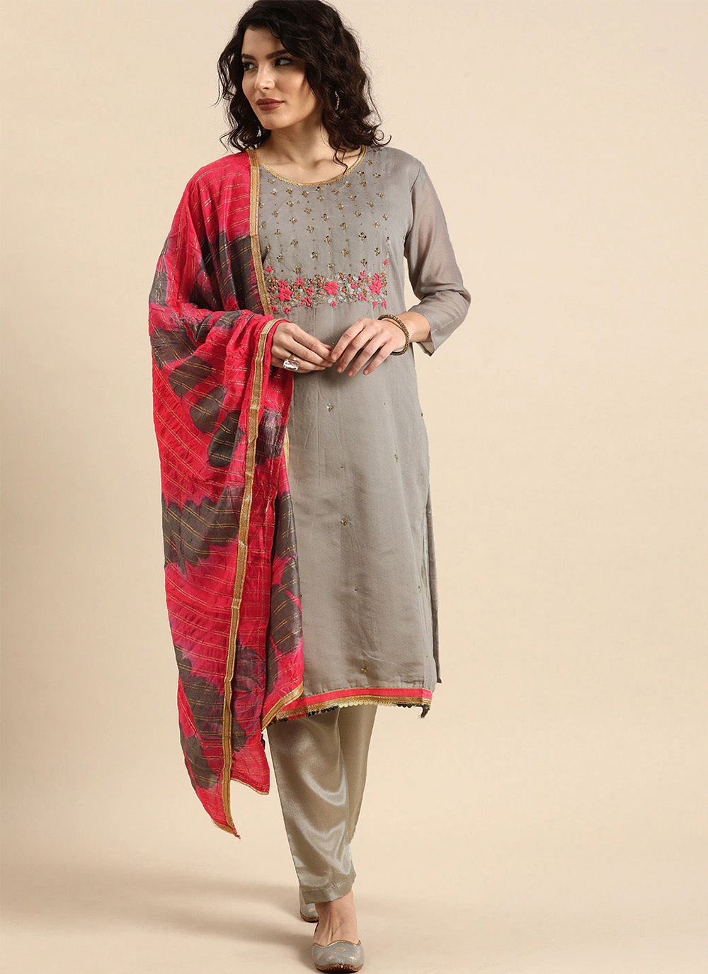 Buy Chanderi Cotton Embroidered Grey Churidar Designer Suit Online : South  Africa 