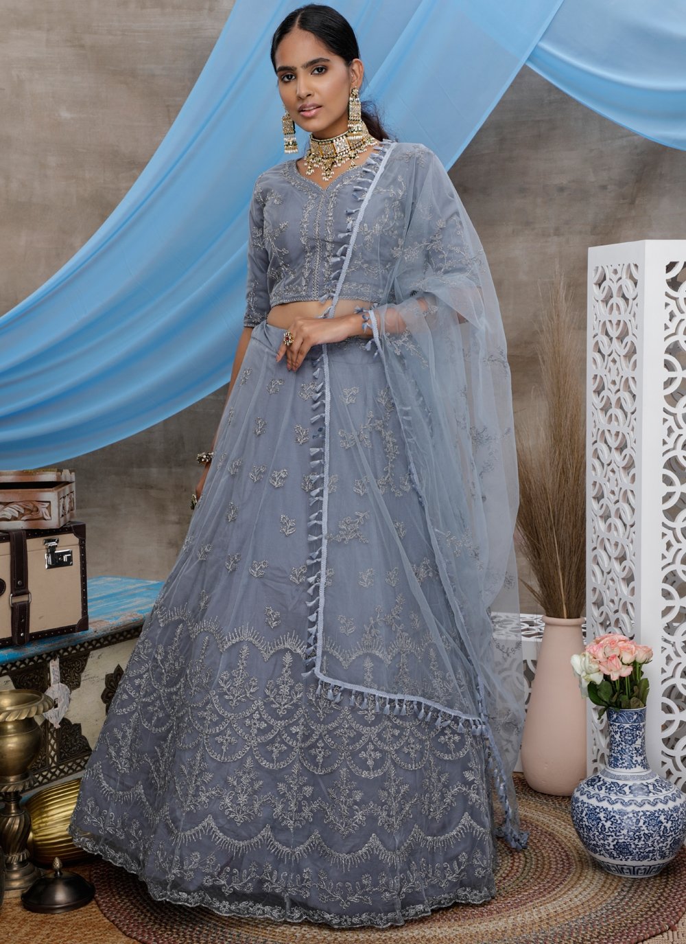 Buy Blue Sequins Silk Reception Wear Lehenga Choli From Ethnic Plus