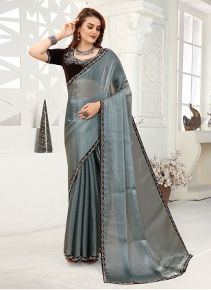 Grey Organza Lace Trendy Sari