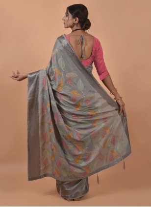 Grey Satin Embroidered Contemporary Sari