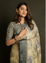 Grey Satin Printed Contemporary Party Wear Sari