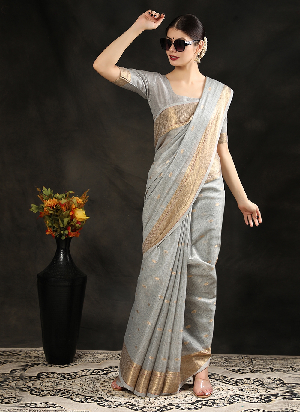 Grey Silk Weaving Classic Sari - 68460 - Saree