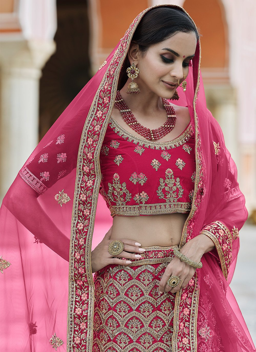 Astounding Peach Colored Velvet With Thread Sequence Embroidered Work  Lehenga Choli For Wedding Wear - RJ Fashion