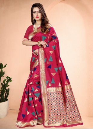 Hot Pink Art Banarasi Silk Printed Designer Traditional Saree