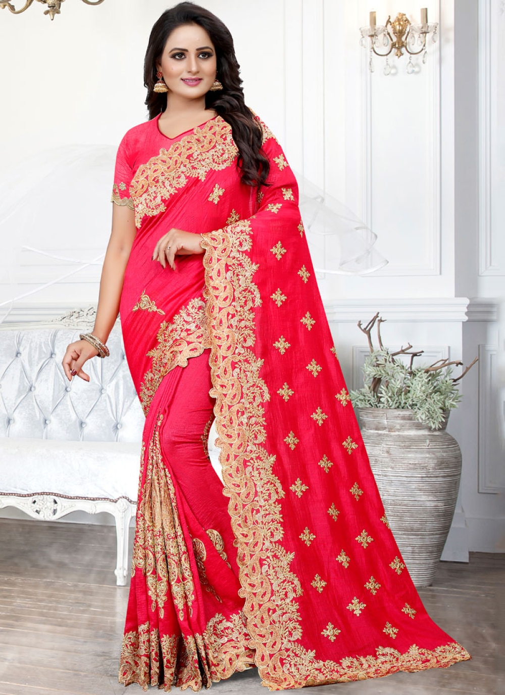 Buy Hot Pink Saree In Art Handloom Silk With Woven Floral Buttis, Paisley  Motifs On The Pallu And Unstitched Blouse Online - Kalki Fashion