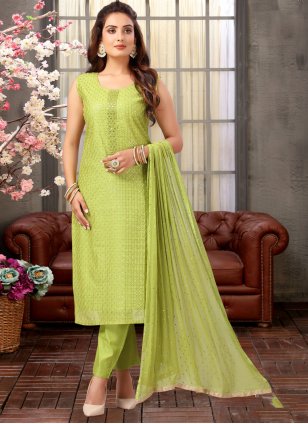 Impeccable mehendi Green Embroidered work Straight Salwar Suit