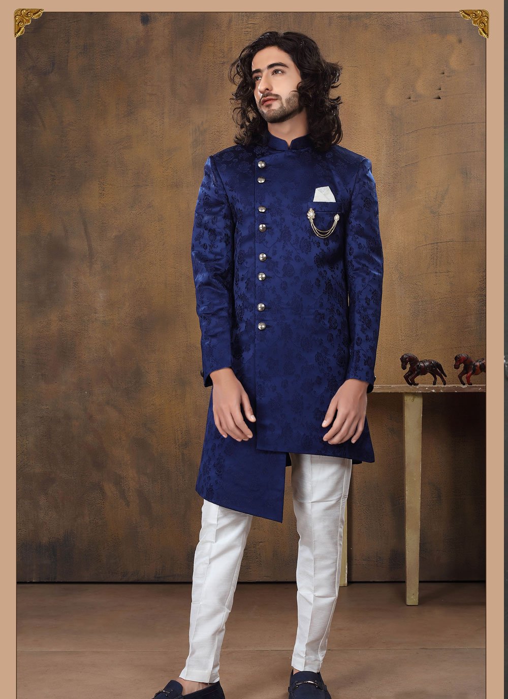 Splendiferous Navy Blue Jacquard Fabric Sangeet Wear Trendy Readymade Dhoti  Style Indo Western For Men