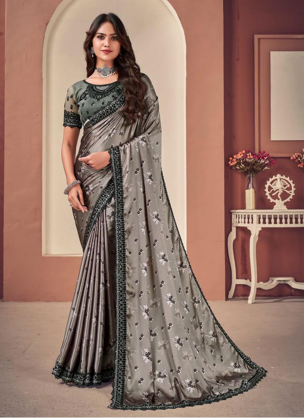 Traditional Dark Blue,Black And Silver Embellished Lycra Net Saree, Without  blouse piece, 5.5 m (separate blouse piece) at Rs 275/piece in Surat