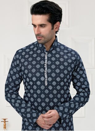 Kurta Pyjama Printed Cotton in Navy Blue