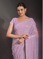 Lavender Georgette Embroidered Trendy Sari