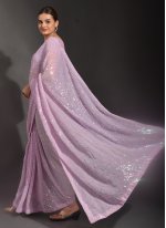 Lavender Georgette Embroidered Trendy Sari