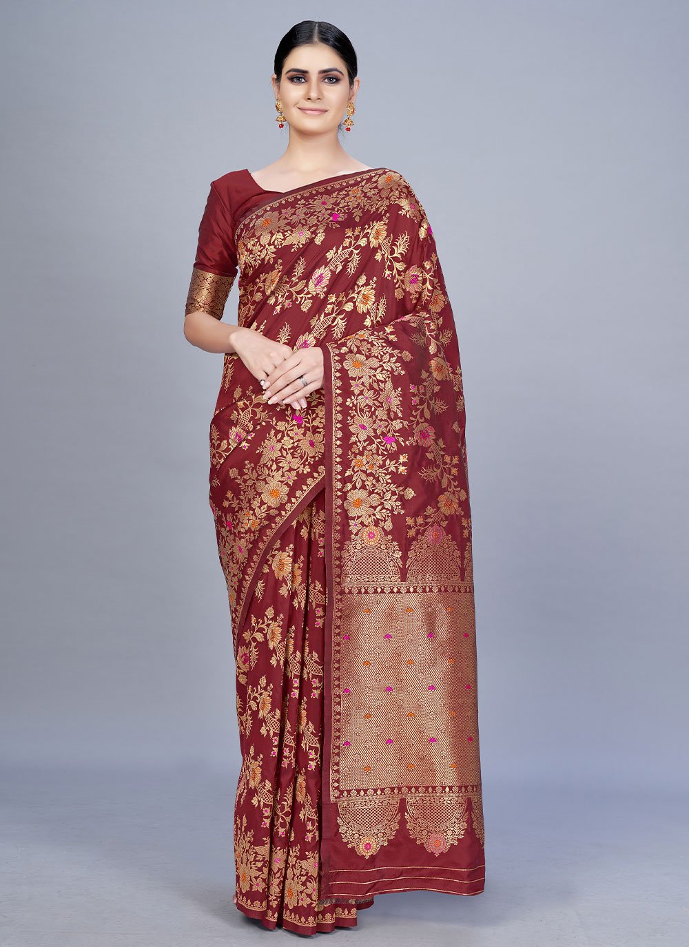 Maroon Banarasi Silk Woven Designer Sari