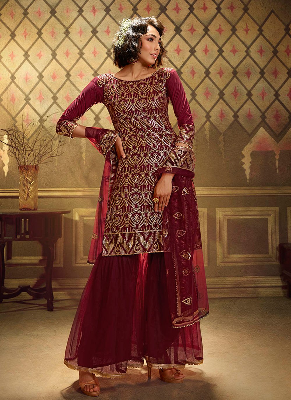 Cotton Salwar Style Pants In Maroon Color