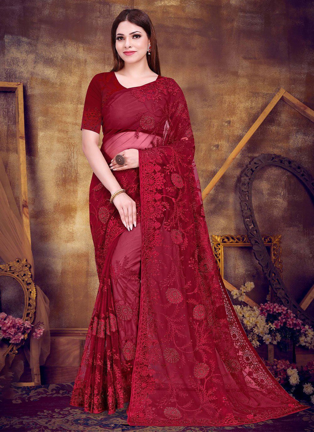 Buy VANYA Zari Embroidered Maroon Silk Saree With Maroon Embroidered Blouse  Designer Saree (V2414, Maroon) at Amazon.in