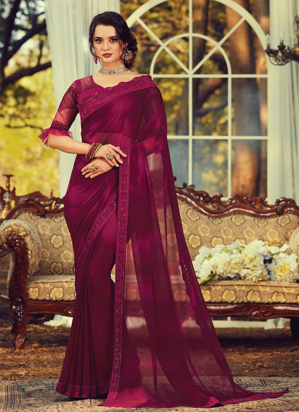 Splendid Maroon Color Georgette Base Wedding Wear Designer Saree –  TheDesignerSaree