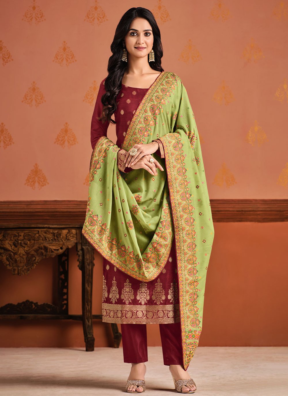 Peach Floor Lenght Fancy Fabric Pearls Salwar Kameez and Peach Floor Lenght  Fancy Fabric Pearls Salwar Suit Online Shopping