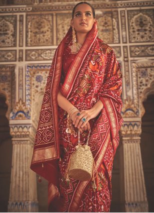 Maroon Patola Silk Weaving Traditional Saree