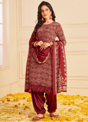 Maroon Pure Crepe Embroidered Patiala Suit
