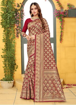 Maroon Woven Silk Weaving Designer Sari