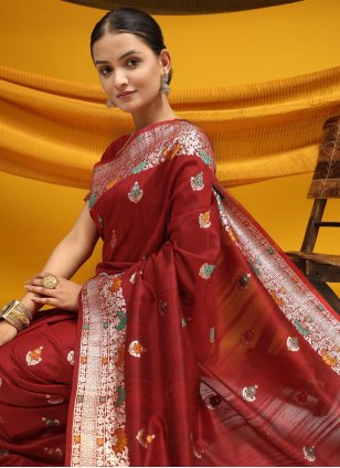 Maroon Tussar Silk Meena Trendy Saree